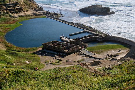 The ruins of the Sutro Baths under the headland
