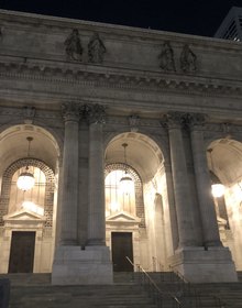 The New York Public Library lit at night