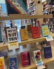 A staff-pick table deep in the Purple Room