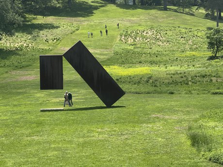 Two black steel slabs on the meadow, walkers the size of specks