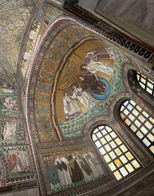 Justinian and his court, facing her